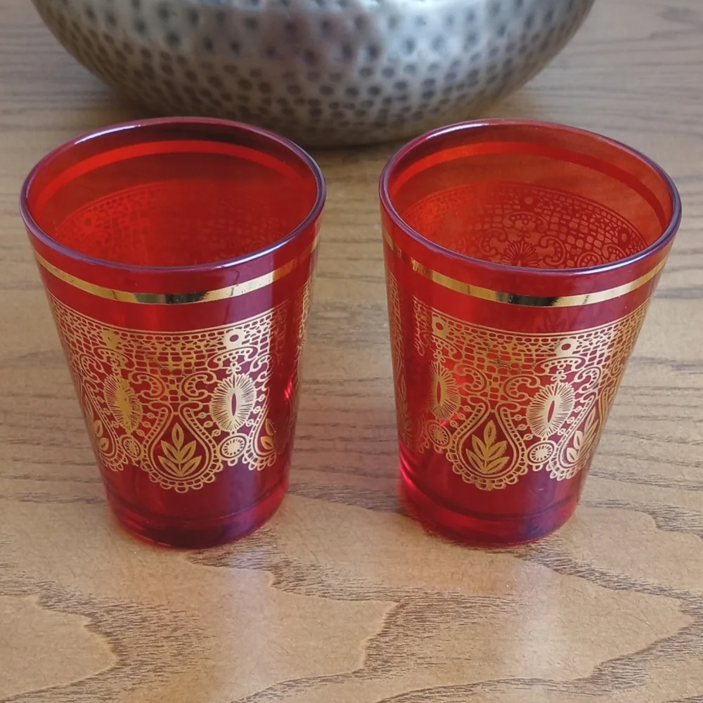 Vintage Moroccan / Turkish Tea Glasses Red & Gold Embellished Design Set of 2 - Picture 3 of 13